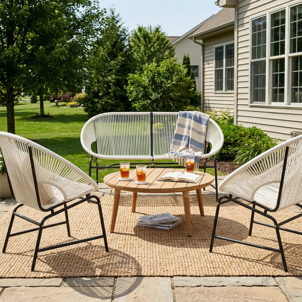 English Elm Nusa Outdoor Pe Rattan Conversation Set with Acacia Wood Coffee Table Patio White NUSA4PCSET-WHI