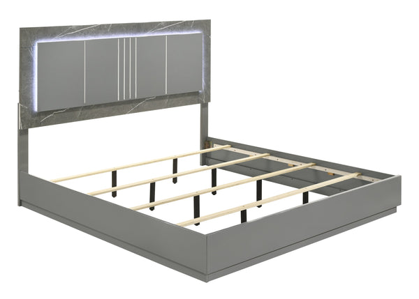 English Elm Elara King Bed with Two-Tone Marble & Lacquer Headboard, Ambient LED Lighting, Metal Legs, Gray B009S01752