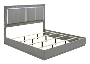 English Elm Elara Two-Tone King Bed with High-Gloss Marble & Lacquer Headboard, LED Ambient Lighting, Metal Legs B009S01565