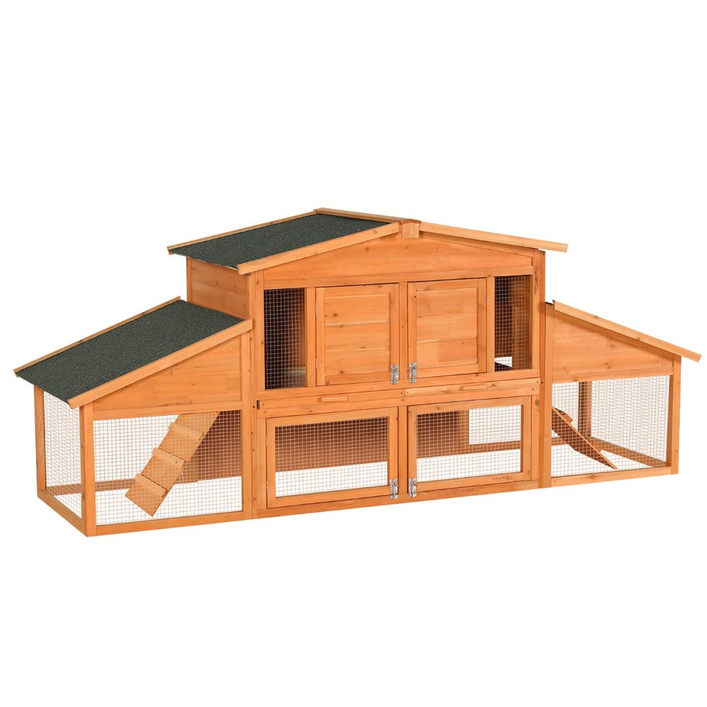 English Elm Extra-large Fir Wood Rabbit Hutch Two Story Outdoor Home with Asphalt Roof and Pull Tray W3921S00003