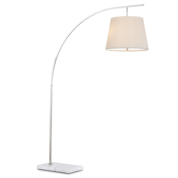 Cloister Modern Nickel Floor Lamp with White Linen Shade - Contemporary Arc Design for Stylish Spaces