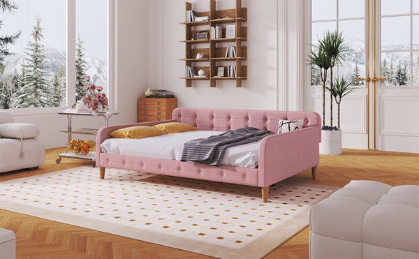 English Elm Full Size Linen Tufted Daybed with Pine Frame for Living or Guest Room Pink DL001825AAH-1