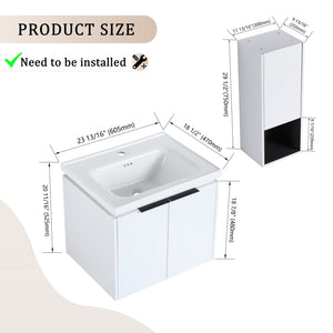 English Elm 24" Wall-Mounted Bathroom Vanity With Ceramic Sink & Side Cabinet - Stylish Soft-Close Design! W999S00333