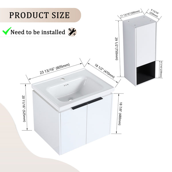 English Elm 24" Wall-Mounted Bathroom Vanity With Ceramic Sink & Side Cabinet - Stylish Soft-Close Design! W999S00333