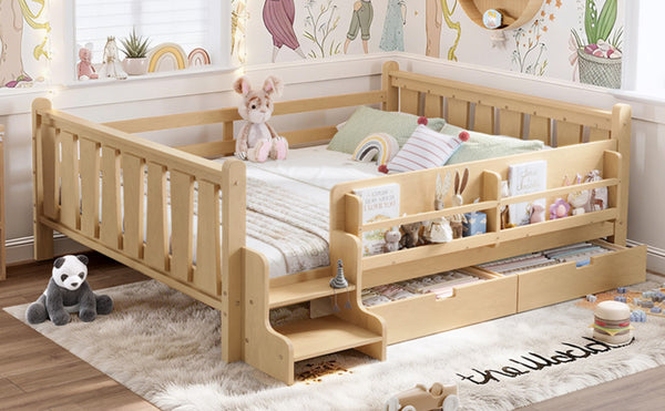 English Elm Queen Bunk Bed with Trundle Solid Pine Kids Car Themed Frame Built-in Bookshelf Light Natural W1580S00544