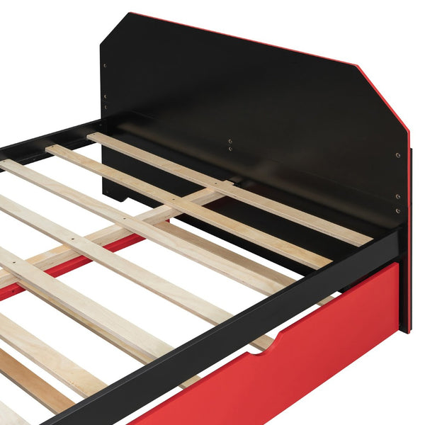 English Elm Full Size Wood Daybed with Twin Trundle Desk and Usb Charging for Teen Rooms Red LT000262AAR