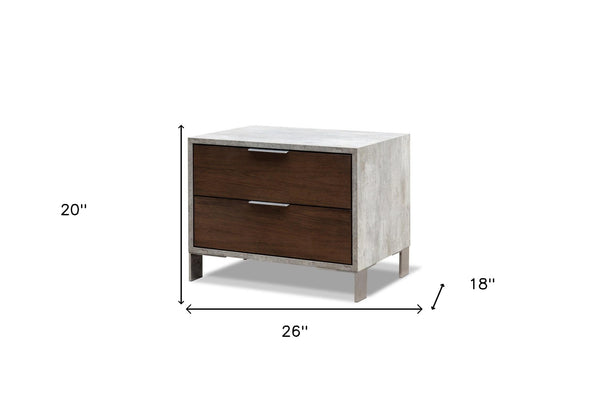 Homeroots Modern Dark Walnut And Concrete Nightstand With Two Drawers   473011