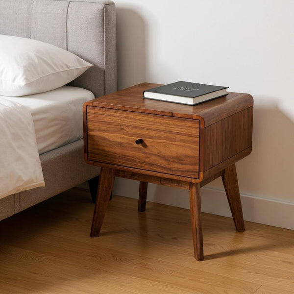 HomeRoots Modern Walnut Nightstand: Stylish Mid-Century Design with Single Drawer for Chic Bedroom Storage 473016