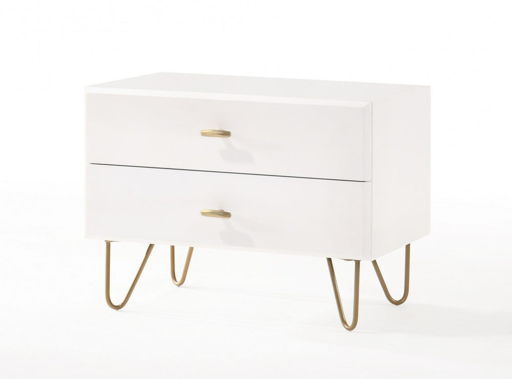 Homeroots Contemporary White And Gold Nightstand With Two Drawers   473021