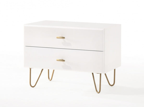 Homeroots Contemporary White And Gold Nightstand With Two Drawers   473021