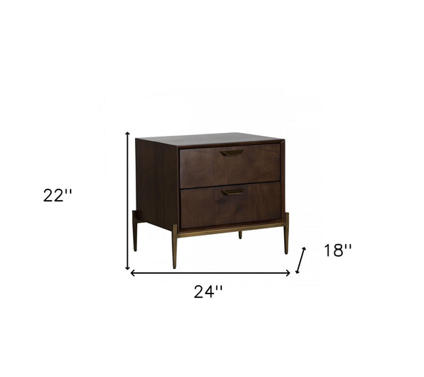 Homeroots 22" Brass Two Drawers Solid Wood Nightstand   473022