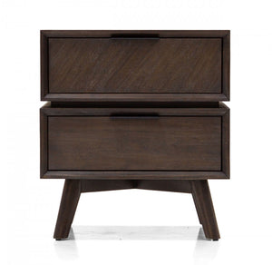 Homeroots Mid Century Acacia Nightstand With Two Drawers And Black Metal Handles   473027