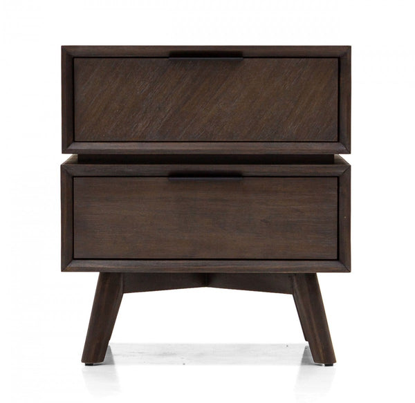 Homeroots Mid Century Acacia Nightstand With Two Drawers And Black Metal Handles   473027