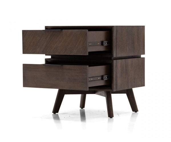 Homeroots Mid Century Acacia Nightstand With Two Drawers And Black Metal Handles   473027