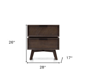 Homeroots Mid Century Acacia Nightstand With Two Drawers And Black Metal Handles   473027