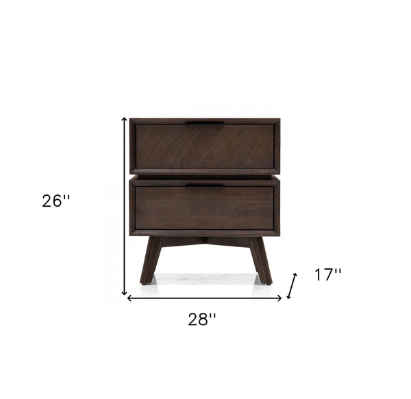 Homeroots Mid Century Acacia Nightstand With Two Drawers And Black Metal Handles   473027