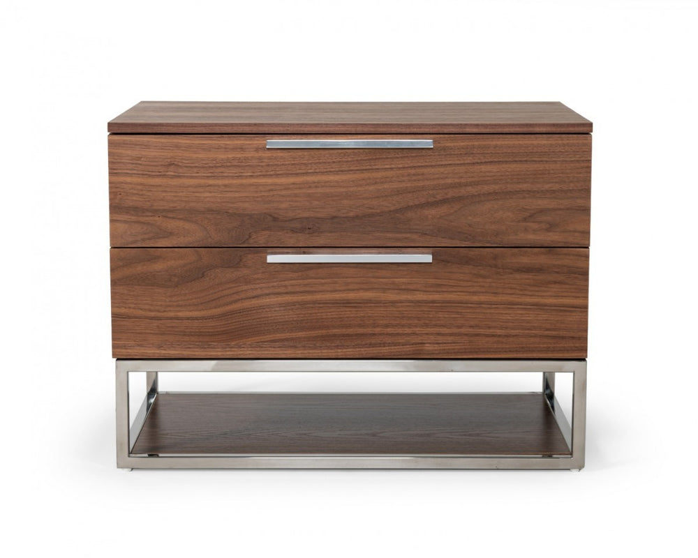 Homeroots Contemporary Walnut And Stainless Steel Nightstand With Two Drawers   473030