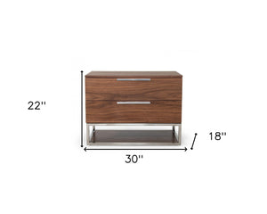 Homeroots Contemporary Walnut And Stainless Steel Nightstand With Two Drawers   473030