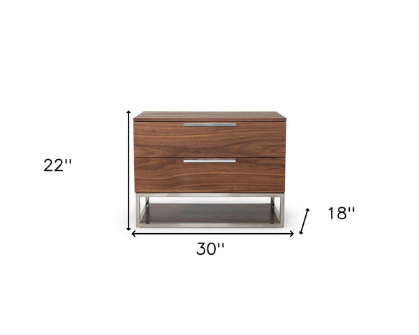 Homeroots Contemporary Walnut And Stainless Steel Nightstand With Two Drawers   473030