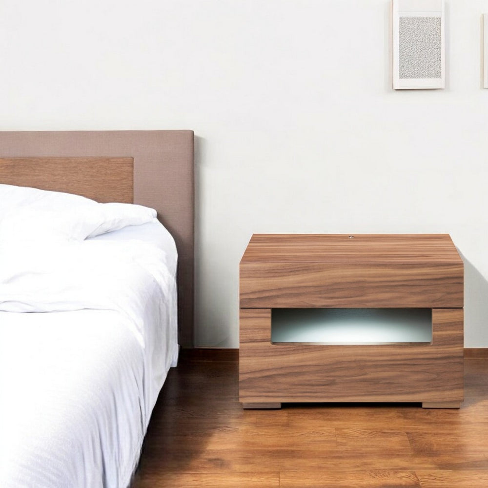 HomeRoots 16" Lighted Two-Drawer Nightstand - Modern Compact Design with Hidden Storage & Ambient Lighting 473032
