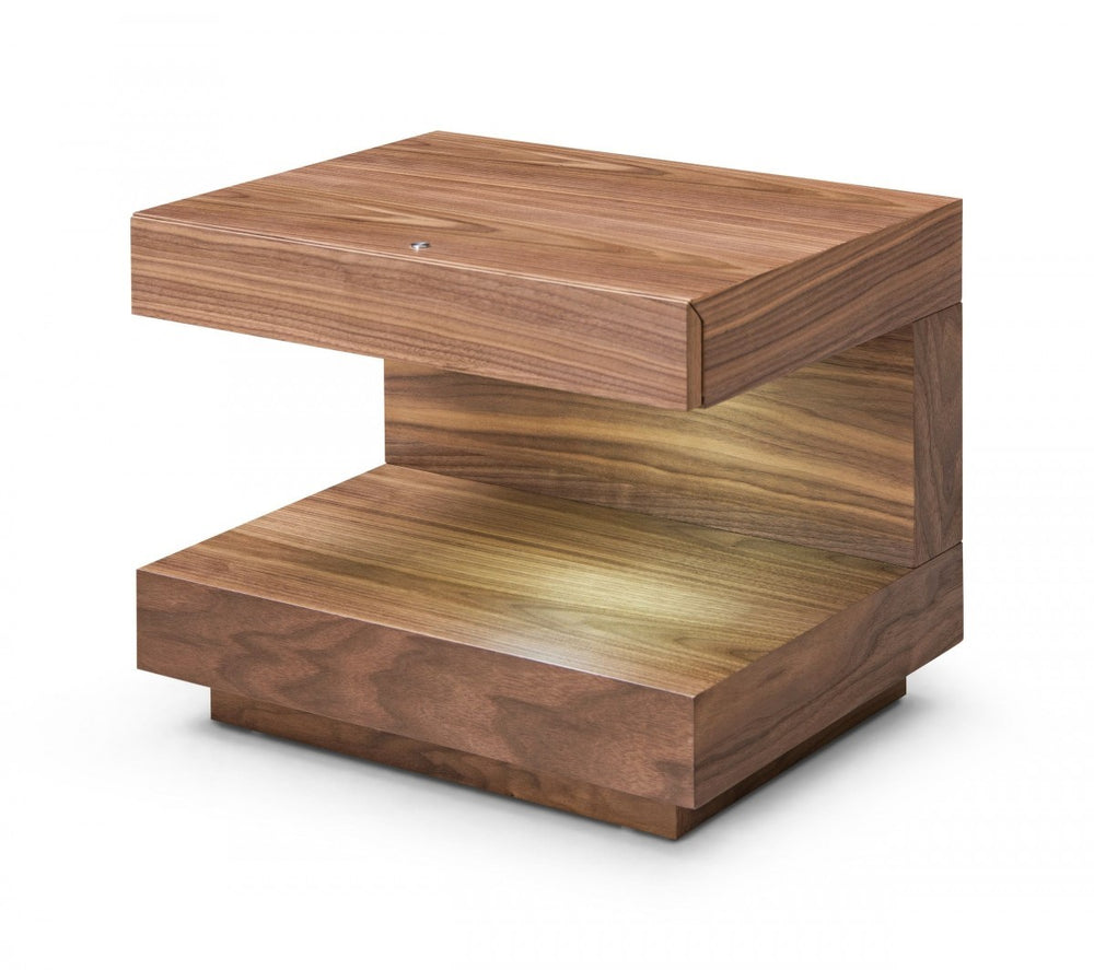 Homeroots Contemporary Led Lit Walnut Nightstand With One Drawer   473033