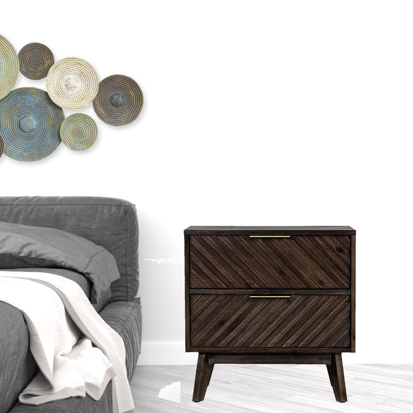 Homeroots Classic Chevron Dark Brown Nightstand With Two Drawers   473034