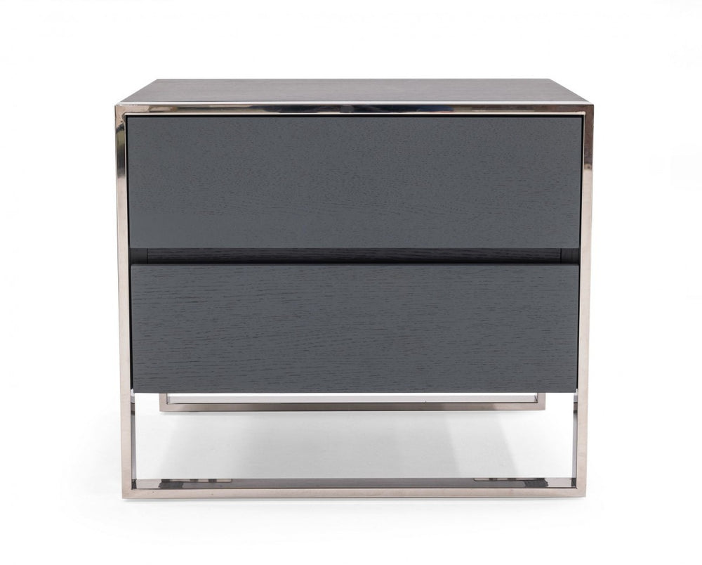 Homeroots Modern Gray And Stainless Steel Nightstand With Two Drawers   473035