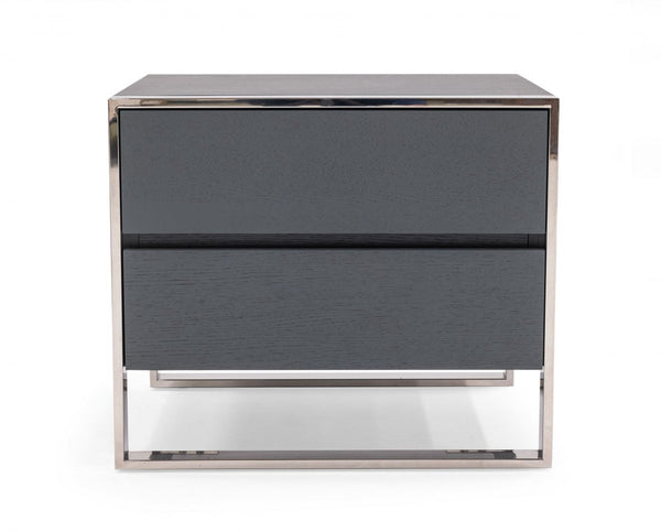 Homeroots Modern Gray And Stainless Steel Nightstand With Two Drawers   473035