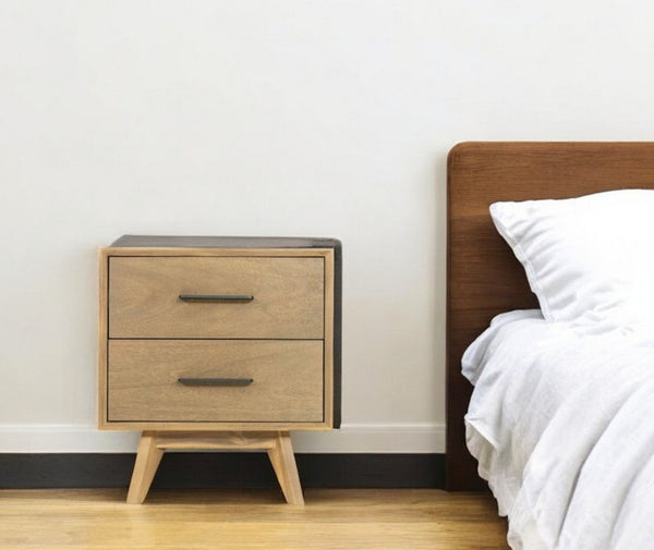 HomeRoots 24" Solid Wood Nightstand with Two Soft-Close Drawers, Open Shelf, and Elegant Metal Accents 473036