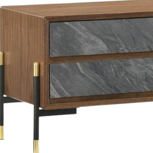 HomeRoots Mid Century Walnut Nightstand with Gray Faux Marble - Glam Two Drawer Storage Solution 18x26" 473038