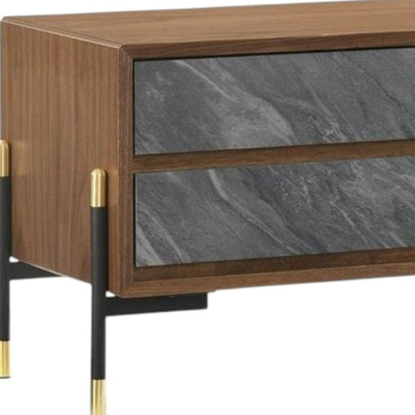 HomeRoots Mid Century Walnut Nightstand with Gray Faux Marble - Glam Two Drawer Storage Solution 18x26" 473038