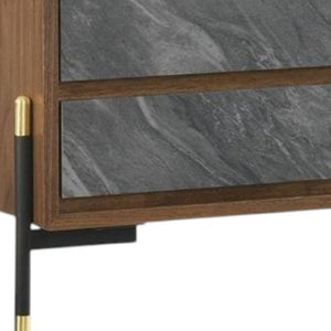 HomeRoots Mid Century Walnut Nightstand with Gray Faux Marble - Glam Two Drawer Storage Solution 18x26" 473038