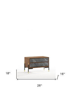 Homeroots Mid Century Walnut And Gray Faux Marble Two Drawer Nightstand   473038