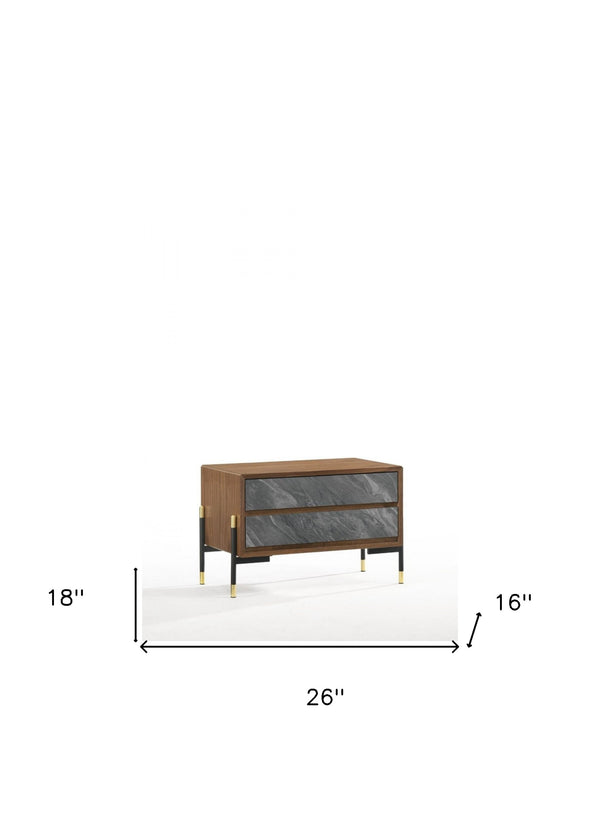 Homeroots Mid Century Walnut And Gray Faux Marble Two Drawer Nightstand   473038