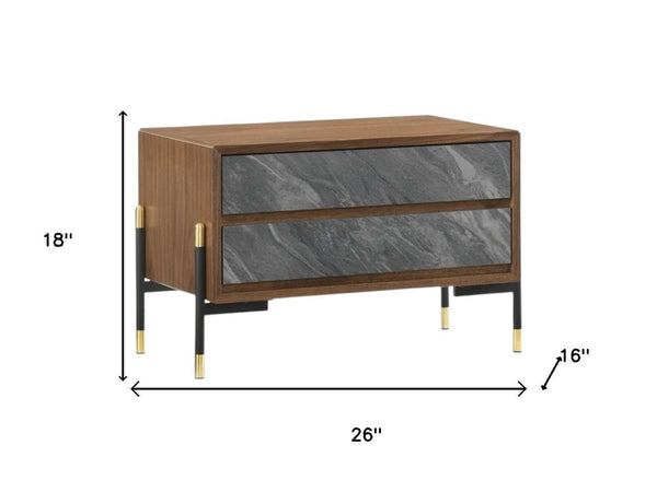 HomeRoots Mid Century Walnut Nightstand with Gray Faux Marble - Glam Two Drawer Storage Solution 18x26" 473038