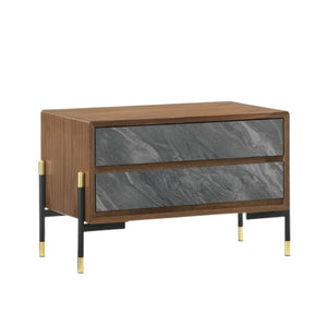 HomeRoots Mid Century Walnut Nightstand with Gray Faux Marble - Glam Two Drawer Storage Solution 18x26" 473038