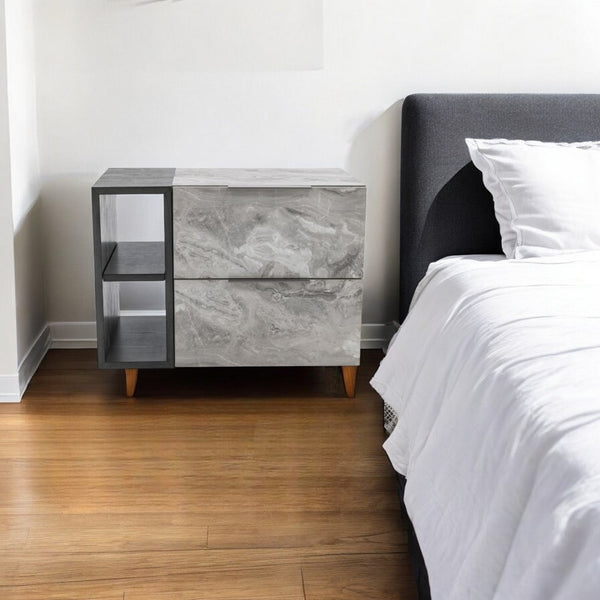 HomeRoots 18" Wood Two Drawer Nightstand – Stylish Compact Storage with Soft-Close Drawers & Open Shelves! 473039