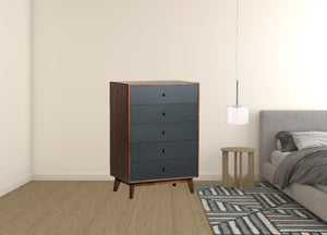 Homeroots 30" Walnut And Charcoal Grey Solid Wood Five Drawer Chest  Solid Wood 473069
