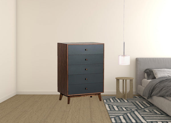 Homeroots 30" Walnut And Charcoal Grey Solid Wood Five Drawer Chest  Solid Wood 473069