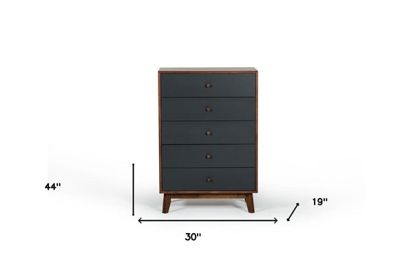 Homeroots 30" Walnut And Charcoal Grey Solid Wood Five Drawer Chest  Solid Wood 473069
