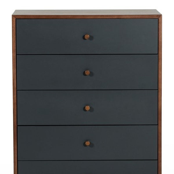 Homeroots 30" Walnut And Charcoal Grey Solid Wood Five Drawer Chest  Solid Wood 473069