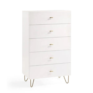VIG Furniture Bryan Modern White Chest With 5 Soft-Close Drawers, Gloss Finish & Brushed Gold Legs — 30X19x46" VGMABR-82-WHT-CHS