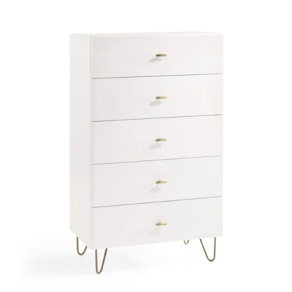 VIG Furniture Bryan Modern White Chest With 5 Soft-Close Drawers, Gloss Finish & Brushed Gold Legs — 30X19x46" VGMABR-82-WHT-CHS