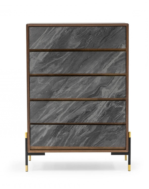 Homeroots 30" Walnut And Grey Manufactured Wood Five Drawer Chest  Manufactured Wood 473087