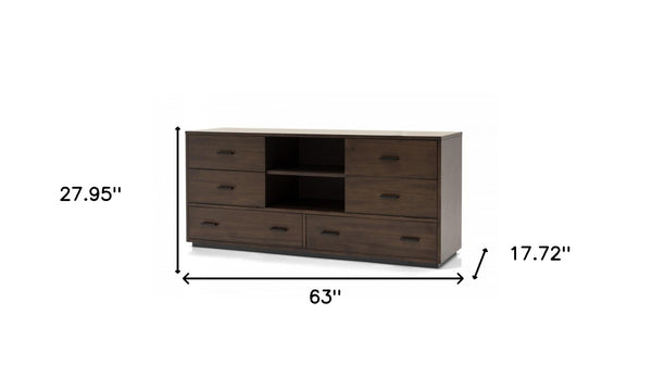 Homeroots 63" Walnut Six Drawer Double Dresser  Solid And Manufactured Wood 473099