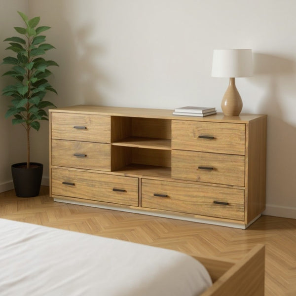 HomeRoots 63" Walnut Six Drawer Combo Dresser - Elegant Storage Solution with Modern Functionality & Style 473100