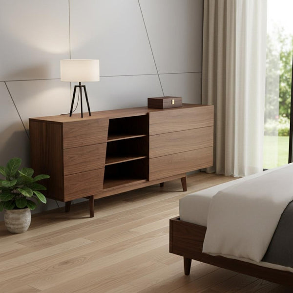HomeRoots Vintage Walnut Veneer Six Drawer Dresser – Mid-Century Charm with Versatile Storage & Timeless Design 473107