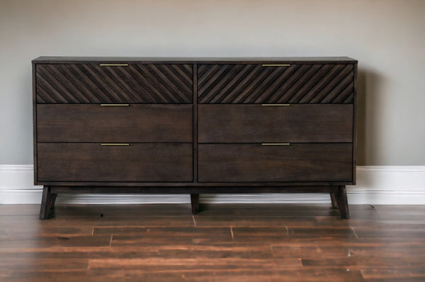 Homeroots 65" Dark Brown Solid Wood Six Drawer Double Dresser  Solid Wood 473108