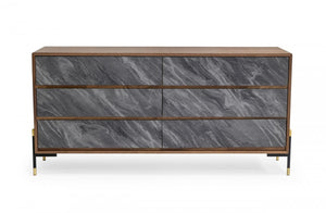 Homeroots 63" Walnut And Grey Faux Marble Wood Six Drawer Double Dresser  Manufactured Wood 473111