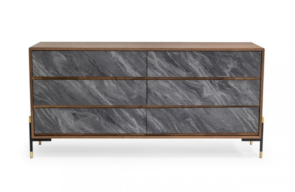 Homeroots 63" Walnut And Grey Faux Marble Wood Six Drawer Double Dresser  Manufactured Wood 473111